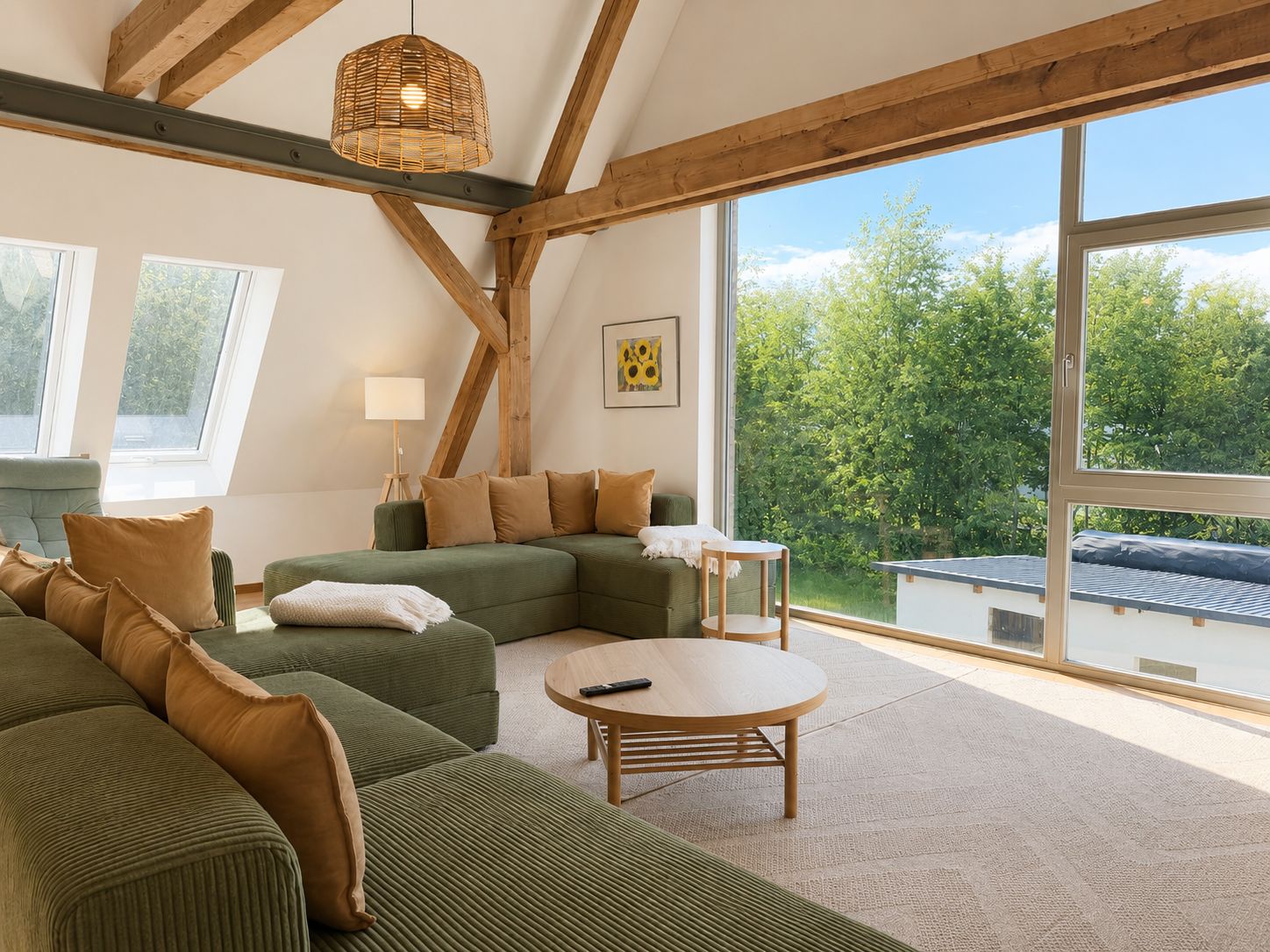 Helles Wohnzimmer einer Ferienwohnung auf Rügen mit Holzbalken und großen Fenstern
